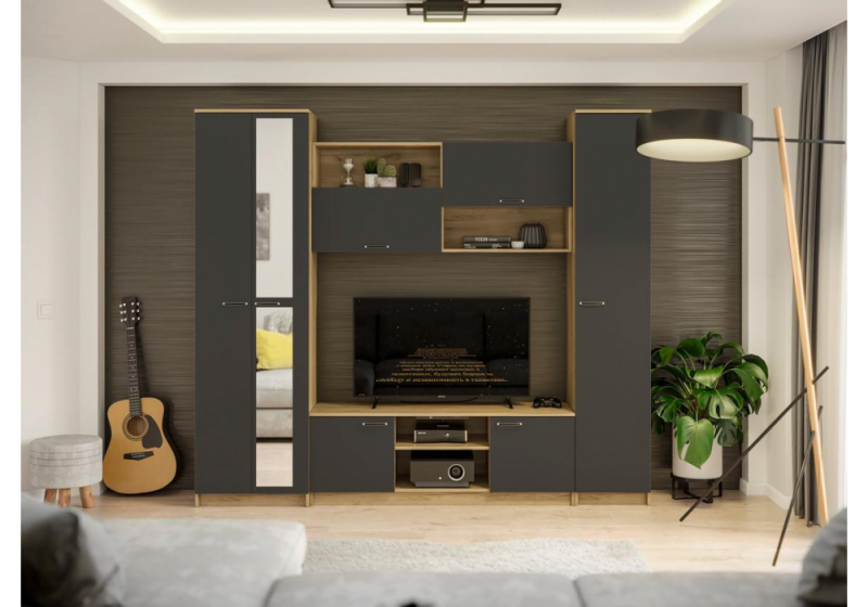 Готовая гостиная Бертелена дуб крафт серый / серый графит (240x45x210). 